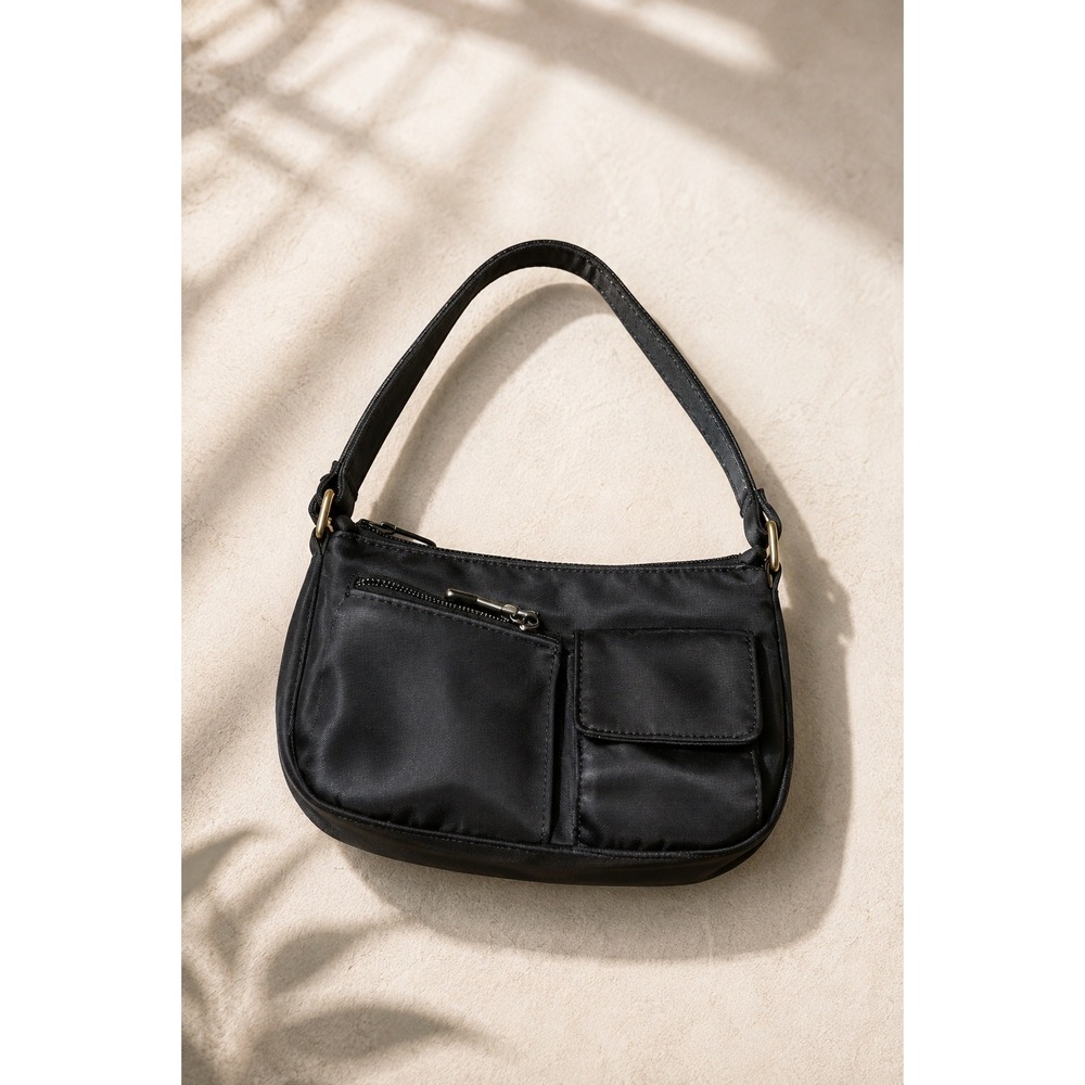 Vintage Y2K Black Mini Baguette Small Shoulder Bag Multi Pocket Utility Purse